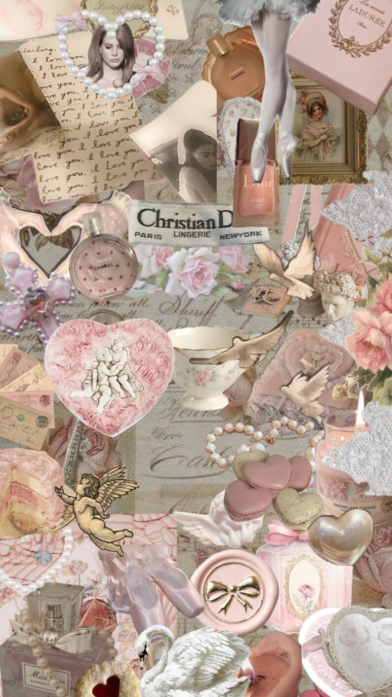 May include: A collage of romantic and vintage-themed elements in soft pink and cream tones. Includes perfume bottles, a heart-shaped dish with cherubs, a teacup, a ballet dancer, and the text "Christian Dior Lingerie NEWYORK".