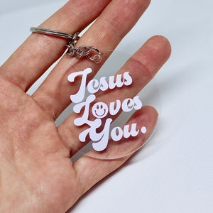 Jesus loves you keychain | Retro keychain | Acrylic keychain |  vinyl keychain | trendy keychain | Christian keychain | Jesus keychain