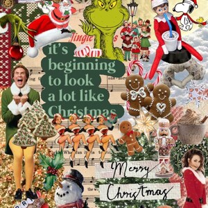 May include: A colorful Christmas collage featuring a variety of festive characters and imagery, including the Grinch, Santa Claus, Rudolph the Red-Nosed Reindeer, and a snowman. The text "it's beginning to look a lot like Christmas" is prominently displayed in the center of the image.