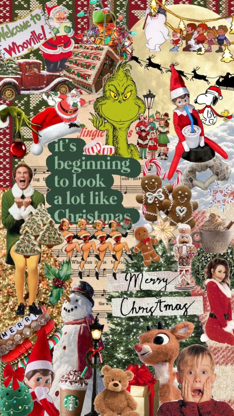 May include: A colorful Christmas collage featuring a variety of festive characters and imagery, including the Grinch, Santa Claus, Rudolph the Red-Nosed Reindeer, and a snowman. The text "it's beginning to look a lot like Christmas" is prominently displayed in the center of the image.