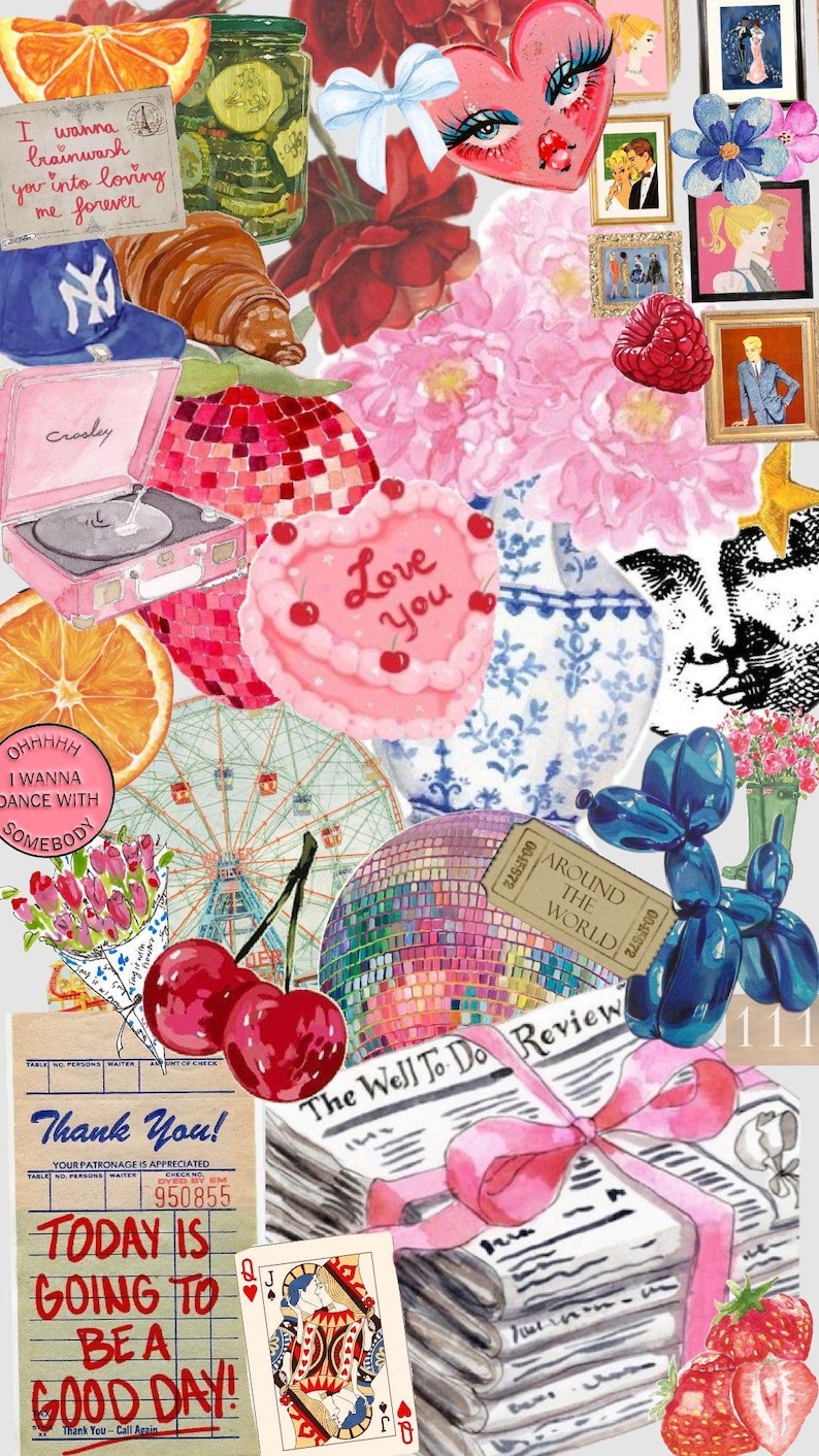 Pu&ograve; includere: Un collage di immagini con uno schema di colori rosa e blu. Il collage include una torta a forma di cuore con le parole "Love You" su di essa, un giradischi, una ruota panoramica, una palla da discoteca, un giornale, una carta da gioco e un animale di palloncino. Il collage &egrave; una rappresentazione fantasiosa e romantica dell'amore e della felicit&agrave;.