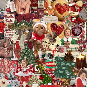 May include: A collage of Christmas-themed images, including a gingerbread house, a snowman, a red toy car, a cat wearing a Santa hat, a mug of hot cocoa, a Christmas tree, and a sign that says "It's beginning to look a lot like Christmas".
