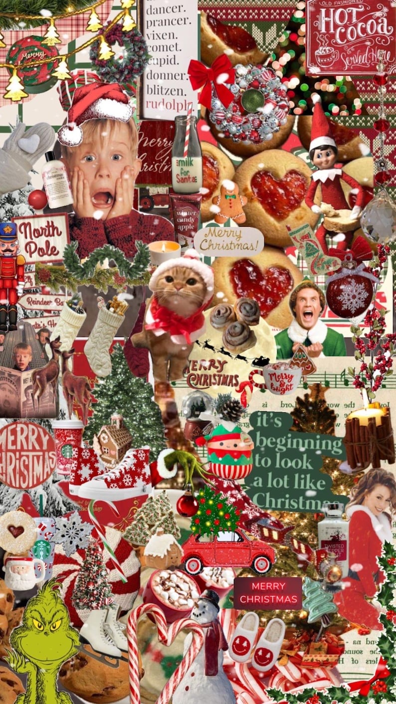 May include: A collage of Christmas-themed images, including a gingerbread house, a snowman, a red toy car, a cat wearing a Santa hat, a mug of hot cocoa, a Christmas tree, and a sign that says "It's beginning to look a lot like Christmas".