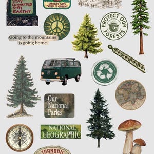 May include: A collage of nature-themed stickers and illustrations. Includes Smokey Bear, a green VW van, a compass, a world map, butterflies, mushrooms, and text like "Support Your Local Planet" and "Protect Our Forests."