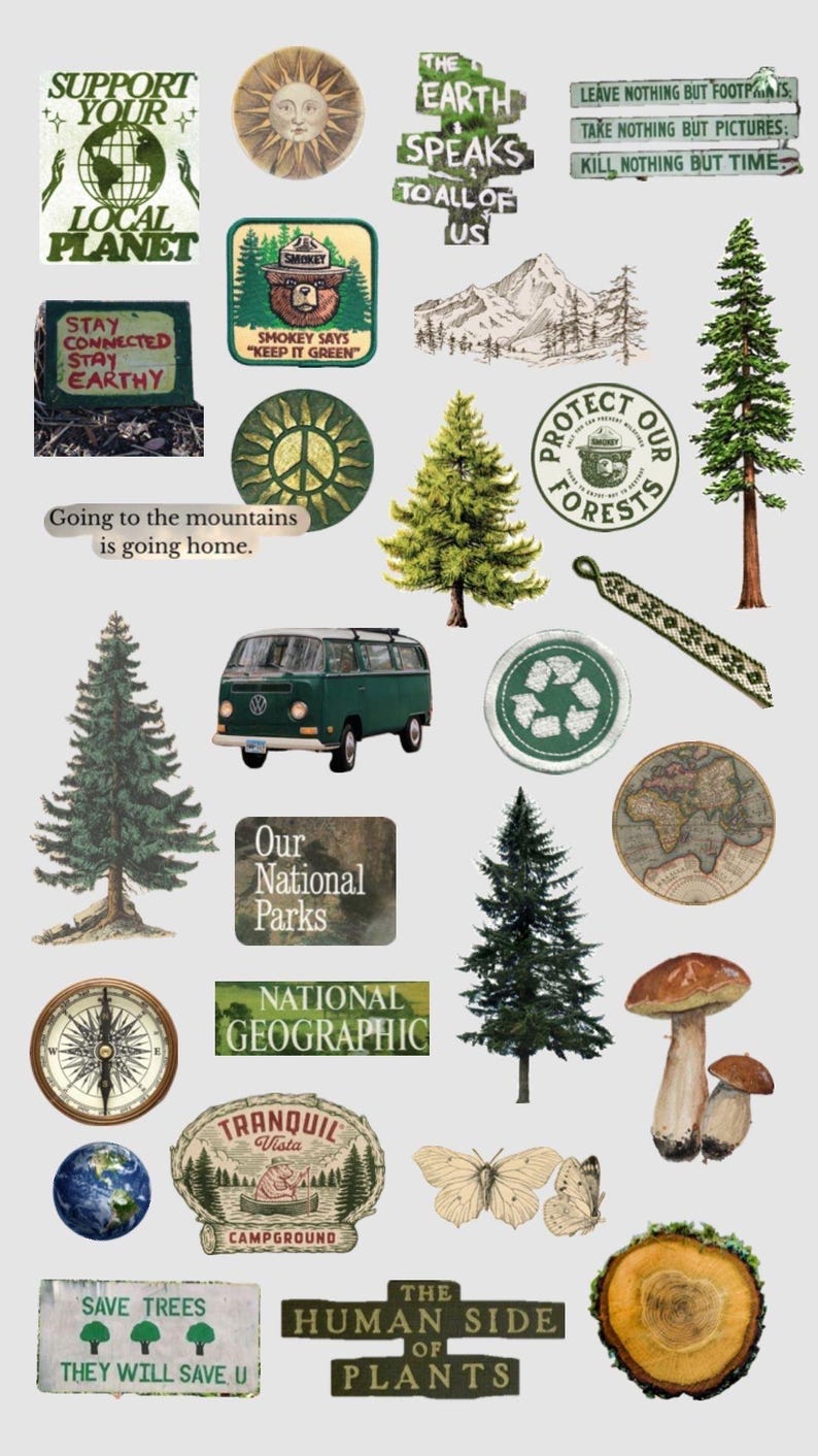 May include: A collage of nature-themed stickers and illustrations. Includes Smokey Bear, a green VW van, a compass, a world map, butterflies, mushrooms, and text like "Support Your Local Planet" and "Protect Our Forests."