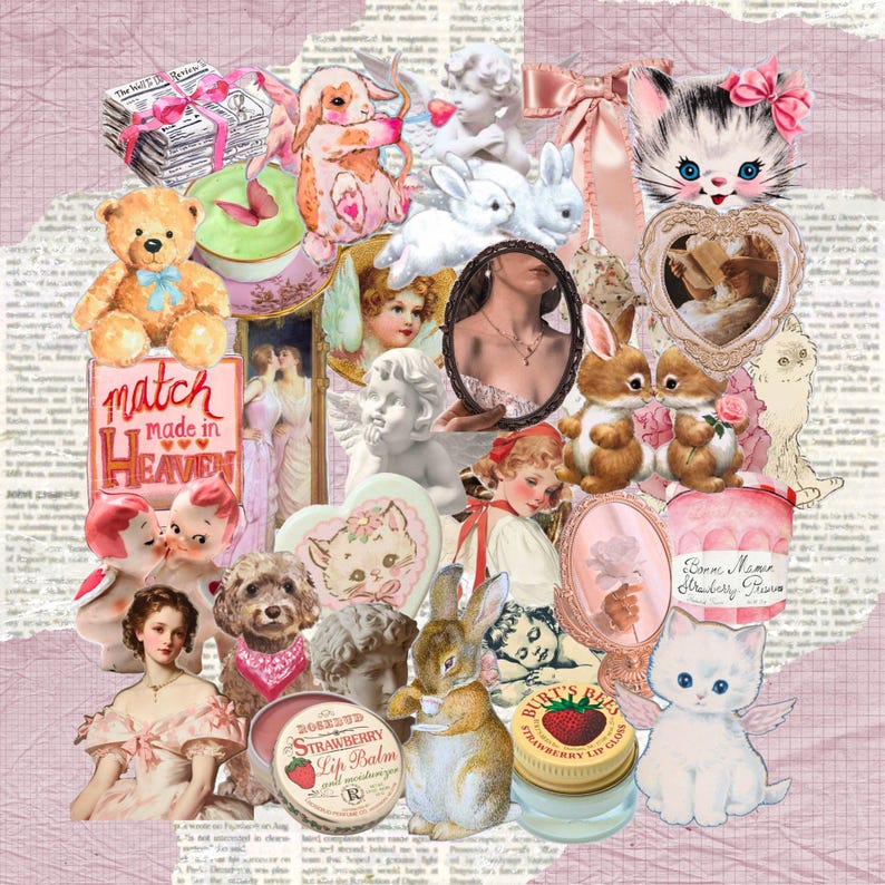 May include: A collage of vintage-style illustrations and objects in soft pinks, creams, and browns. Includes a teddy bear, cherubs, rabbits, a kitten, a dog, a mirror, and lip balms. The text "match made in Heaven" is visible.