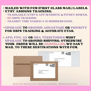 May include: Image featuring three shipping labels and a brown envelope against a pink background. Text details shipping methods, tracking, and transit times. The labels are for apparel, mugs, and totes.
