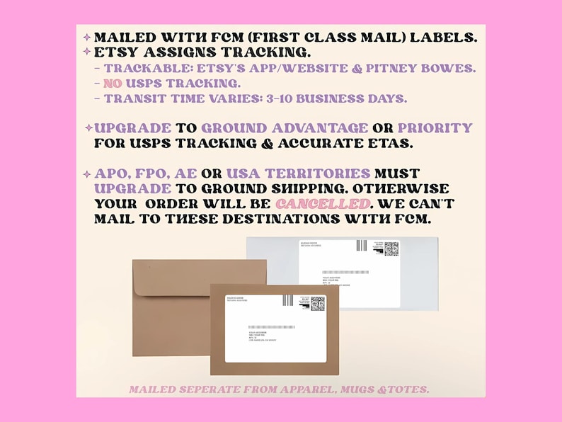 May include: Image featuring three shipping labels and a brown envelope against a pink background. Text details shipping methods, tracking, and transit times. The labels are for apparel, mugs, and totes.