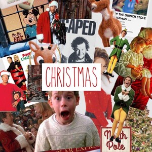 May include: A collage of images celebrating Christmas. The collage features various Christmas movies, characters, and decorations, including a red and white plaid pattern, a reindeer, a Christmas tree, and a sign that reads "North Pole".