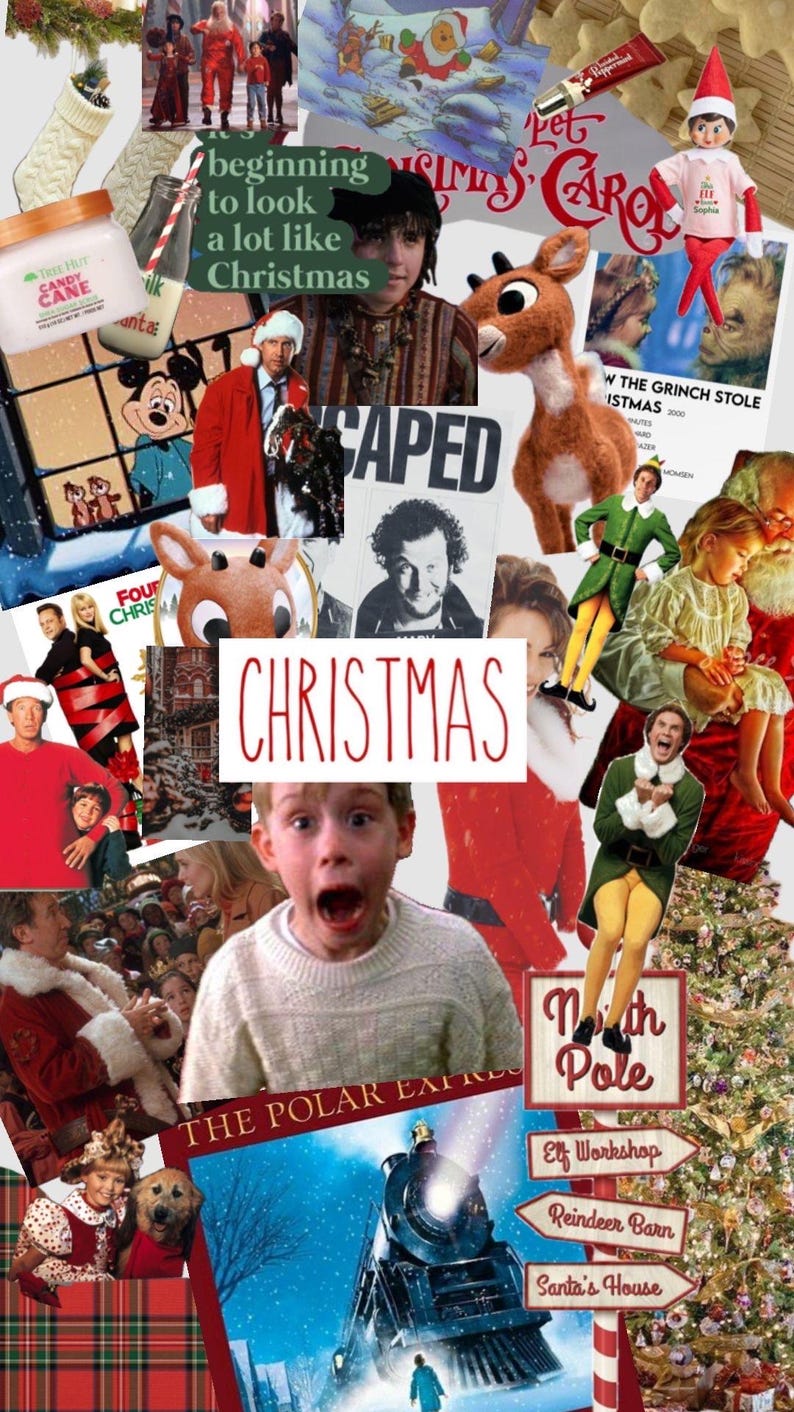 May include: A collage of images celebrating Christmas. The collage features various Christmas movies, characters, and decorations, including a red and white plaid pattern, a reindeer, a Christmas tree, and a sign that reads "North Pole".