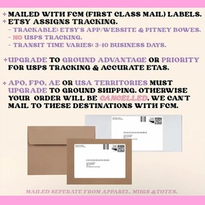 May include: Image with text about shipping labels, Etsy tracking, and transit times. Includes a brown envelope and two shipping labels. Text states orders to APO, FPO, AE, or USA territories must upgrade to ground shipping.