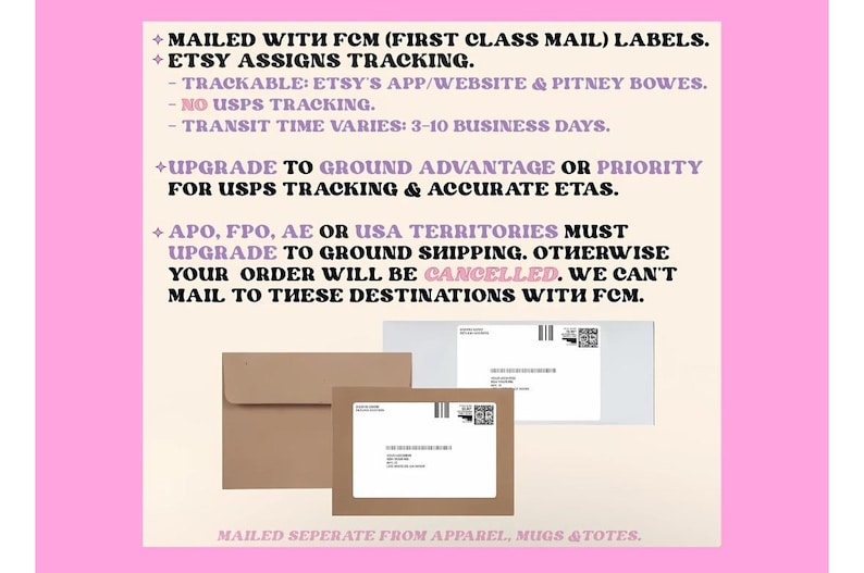 May include: Image with text about shipping labels, Etsy tracking, and transit times. Includes a brown envelope and two shipping labels. Text states orders to APO, FPO, AE, or USA territories must upgrade to ground shipping.