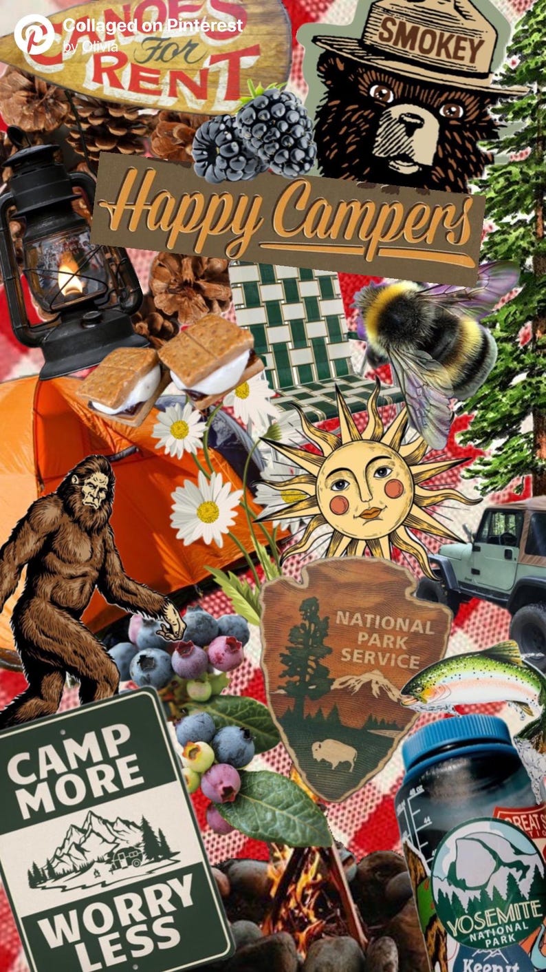 May include: A collage of camping-themed images, including a bear wearing a ranger hat, a sign that says "Camp More Worry Less", a Bigfoot, a bumblebee, and the text "Happy Campers". Other elements include a lantern, s'mores, and a National Park Service sign.