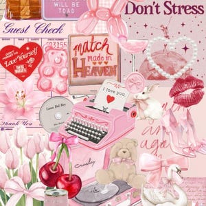 May include: A collage of pink-themed items including a pink typewriter, a swan, a teddy bear, a record player, and a sign that says "Princess Parking Only". Other items include a cassette tape, a butterfly, and the words "Don't Stress".