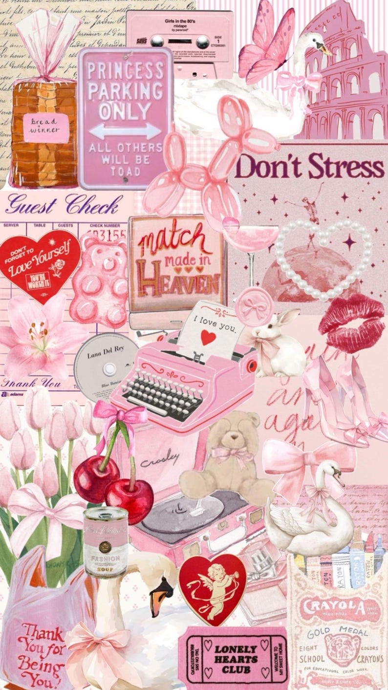 May include: A collage of pink-themed items including a pink typewriter, a swan, a teddy bear, a record player, and a sign that says "Princess Parking Only". Other items include a cassette tape, a butterfly, and the words "Don't Stress".