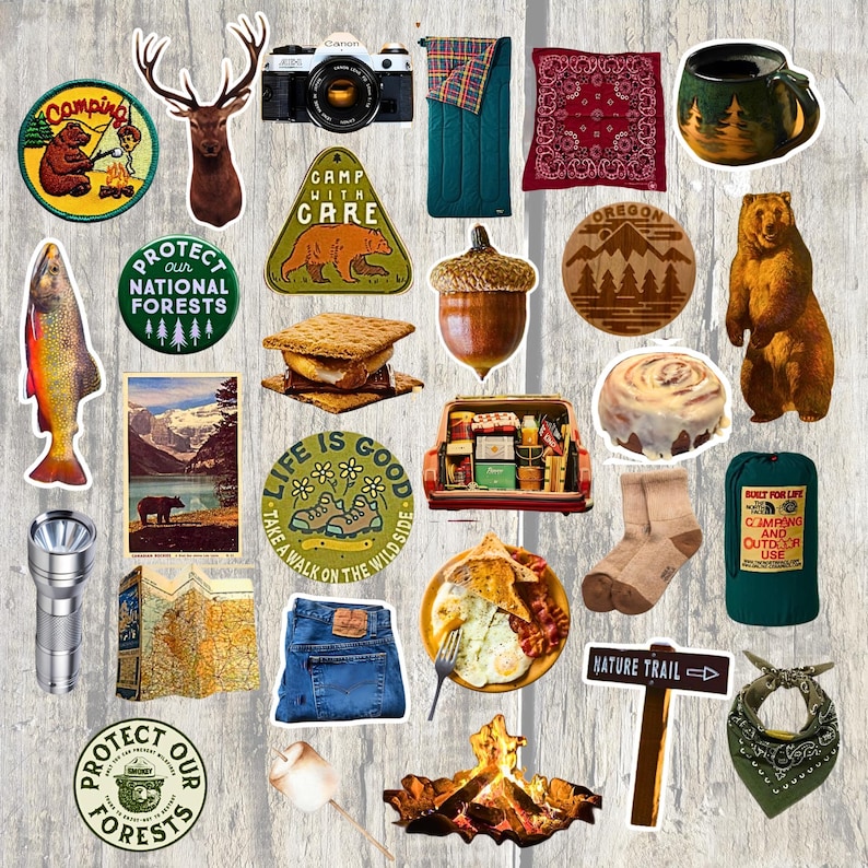 May include: A collection of camping-themed stickers and illustrations. Includes a vintage camera, a bear, a deer head, a campfire, a map, a s'more, a pair of jeans, and a sign that says "Nature Trail".