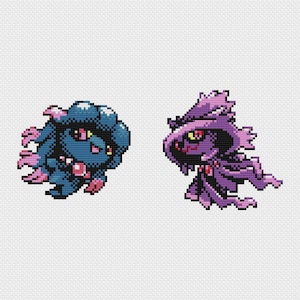 Puede incluir: Dos criaturas de pixel art. Una es azul con detalles rosas, cuerpo redondo y cara oscura. La otra es morada con sombrero ancho y capa fluida. Ambas tienen ojos rojos sobre fondo blanco.