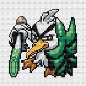 May include: Pixelated image of a bird-like creature with a yellow beak, brown eyes, and white and grey feathers. It holds a green object and a mushroom. A green leafy element is on the right side. The design is reminiscent of cross-stitch.