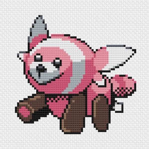 May include: A pixelated image of a pink and white cartoon creature with brown legs and arms. The creature has a round head with black eyes and a small black nose. The ears and tail are gray. The image is created in a cross-stitch style.