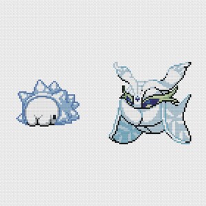 Puede incluir: Arte pixelado de dos criaturas de tipo hielo. Una es una criatura pequeña, redonda, de color azul claro con púas. La otra es una criatura alada más grande con una combinación de colores blanco y azul claro, con acentos verdes y morados.