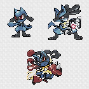 Può includere: Immagine pixelata di tre creature blu e nere con occhi rossi. Le creature sono raffigurate in diverse pose, una in piedi, una in posizione di combattimento e una con dettagli rossi e gialli.
