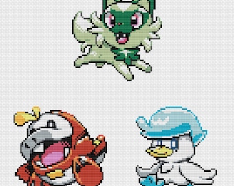 Patrones de punto de cruz de Sprigatito, Fuecoco y Quaxly: Sprites de juegos retro (Descarga PDF)