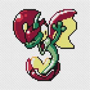 Puede incluir: Diseño pixelado de punto de cruz que presenta una criatura estilizada y abstracta con cabeza roja, cuerpo verde y detalles amarillos. El diseño tiene una estética de videojuego retro, sobre fondo blanco.