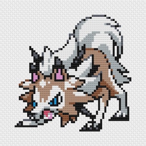 May include: Pixelated image of a wolf-like creature in shades of brown, gray, and white, with blue eyes and a pink tongue. The creature is in a crouching position, with its head lowered and its tail raised. The artwork is done in a cross-stitch style.
