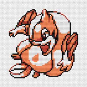 May include: Pixelated orange and white creature design. The artwork features a stylized animal with a fox-like appearance, rendered in a cross-stitch style. The creature has a playful expression, with its mouth open and a tail. The background is a white grid.