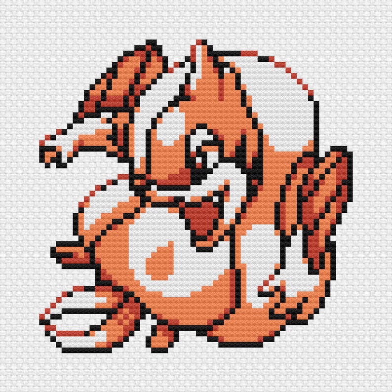 May include: Pixelated orange and white creature design. The artwork features a stylized animal with a fox-like appearance, rendered in a cross-stitch style. The creature has a playful expression, with its mouth open and a tail. The background is a white grid.