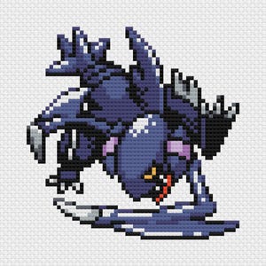 May include: A cross-stitch design featuring a dark blue creature with sharp features, wings, and a tail. The creature has a white belly, grey accents, and a red mouth. The background is white.