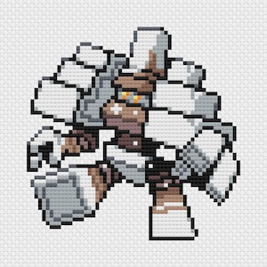 May include: Pixel art illustration of a white and gray robot-like figure with brown and orange accents. The figure has a blocky design, with large, angular shapes forming its body and limbs. The background is a white cross-stitch pattern.