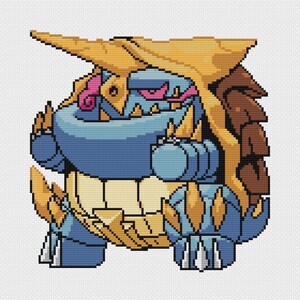 Peut inclure: Une illustration en pixel art d'un monstre bleu et or avec une grande gueule pleine de dents et un nez rose. Le monstre porte une carapace brune et hérissée sur le dos.