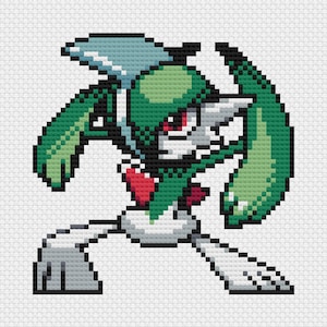 May include: Pixelated image of a green and white creature with red eyes and a blue head crest. The creature is in a dynamic pose, with its arms and legs extended. The design is reminiscent of a cross-stitch pattern.