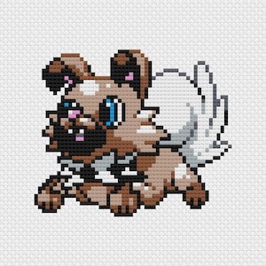 May include: Pixelated image of a brown and white dog with blue eyes and white wings. The dog has a black nose and mouth, and black and white accents on its chest. The background is white, and the image is in a cross-stitch style.