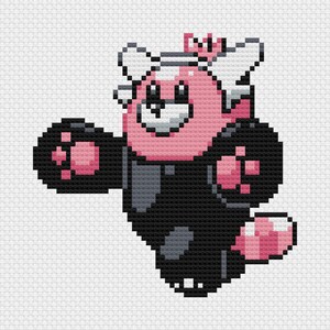 May include: A pixelated cross-stitch design of a pink bear-like creature with black and gray accents. The creature has a white headpiece with a pink bow, black paws, and a black body. The background is white.