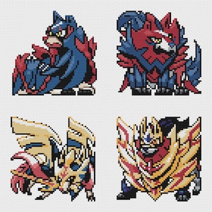 May include: Four pixel art illustrations of Pokemon characters. The first is a blue and red Pokemon with a red and white scarf. The second is a red and blue Pokemon with a red and white scarf. The third is a yellow and red Pokemon with a yellow and white scarf. The fourth is a yellow and red Pokemon with a yellow and white scarf.
