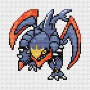Puede incluir: Representación en pixel art de una criatura azul y naranja con una apariencia espinosa y blindada. La criatura tiene alas grandes, un pecho amarillo y garras afiladas. La obra de arte está creada con un estilo de punto de cruz, dándole un aspecto texturizado.