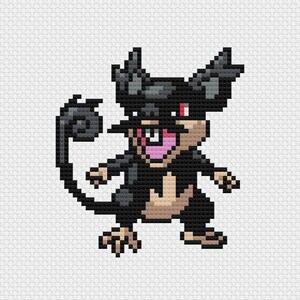 May include: A cross-stitch design featuring a black and tan creature with large ears, a curled tail, and a pink tongue. The creature has a red dot for an eye and is standing against a white background. The design is pixelated.