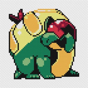 Puede incluir: Diseño de punto de cruz pixelado que presenta una criatura verde con detalles amarillos y rojos. La criatura está en cuclillas, con una gran cabeza amarilla y una cresta roja. El diseño está sobre un fondo blanco.