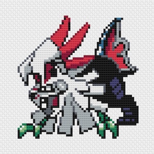 May include: Pixelated image of a creature with a white body, red accents, and black and purple details. The creature has sharp, angular features and a dynamic pose, with green accents on its feet. The artwork is done in a cross-stitch style.