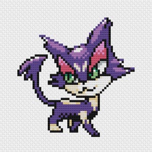 May include: Pixelated image of a purple cat with green eyes, pink ears, and a white chest. The cat is in a walking pose, with its tail curved. The design is reminiscent of cross-stitch or pixel art.