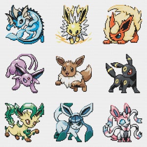Puede incluir: Una colección de nueve ilustraciones de pixel art de diferentes personajes de Pokémon, incluyendo Eevee, Vaporeon, Jolteon, Flareon, Espeon, Umbreon, Leafeon, Glaceon y Sylveon.