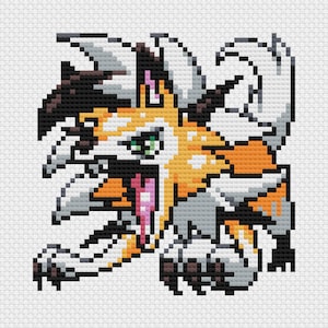 May include: A pixelated image of a creature with a fox-like appearance, featuring a mix of orange, yellow, white, gray, and black colors. The creature has a wide open mouth with a pink tongue and green eyes. The image is likely a cross-stitch pattern.