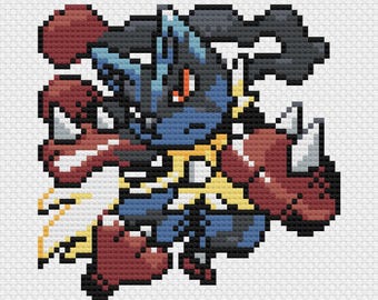 Patrón de punto de cruz de Mega Lucario: Sprite de juego retro (Descarga PDF)