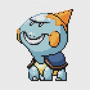 Peut inclure: Image pixélisée d'une créature bleue avec des détails orange, une expression sévère et un large sourire. Elle porte une cape bleue et une carapace jaune et marron. L'œuvre est de style point de croix.