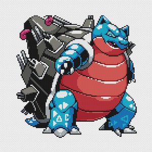 May include: A pixelated illustration of a blue and red Pokemon character with a black and gray Pokemon character on its back. The blue and red Pokemon has a large, round body with a blue head and a red, segmented body. The black and gray Pokemon has a long, thin body with a black head and a gray, segmented body.