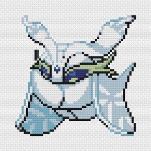 Puede incluir: Diseño de punto de cruz pixelado de una criatura azul claro y blanca con grandes apéndices en forma de alas. La criatura tiene una cara detallada con acentos azules y verdes, y contornos negros. El diseño está sobre un fondo blanco.