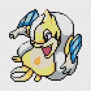May include: Pixelated image of a cartoon creature with yellow, white, and blue accents. The creature has a smiling face with a pink tongue, large ears, and wings. The artwork is done in a cross-stitch style.