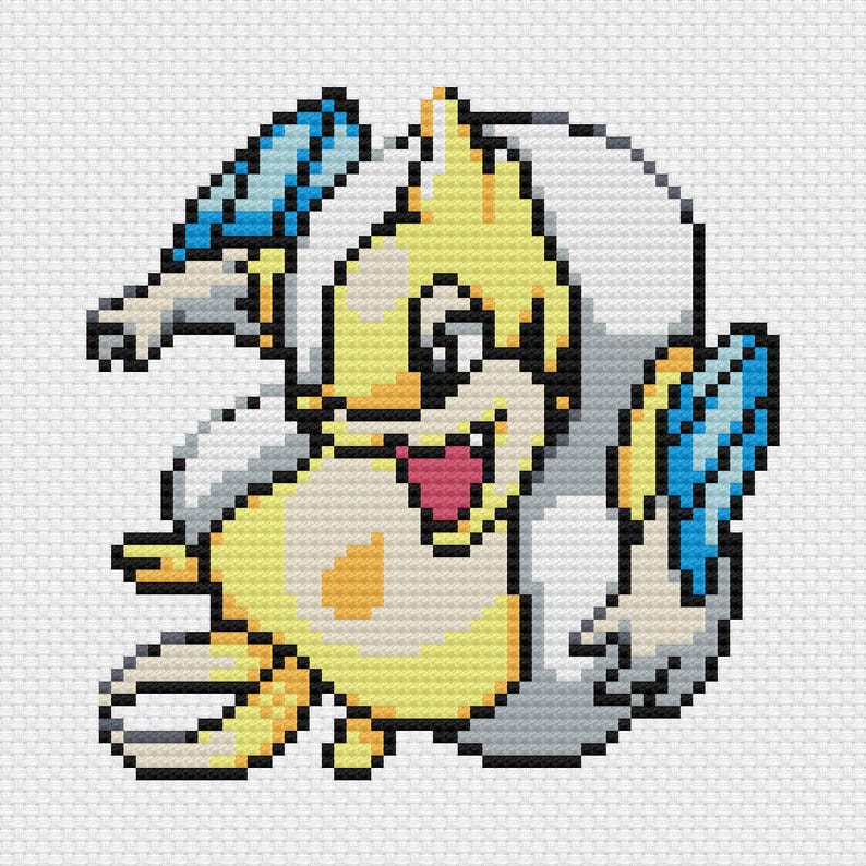 May include: Pixelated image of a cartoon creature with yellow, white, and blue accents. The creature has a smiling face with a pink tongue, large ears, and wings. The artwork is done in a cross-stitch style.